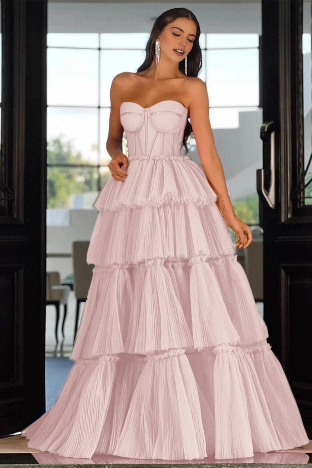 Vibrant Hot‑Pink A‑Line Strapless Sleeveless Lace‑Up‑Back Tiered Floor‑Length Prom Dress