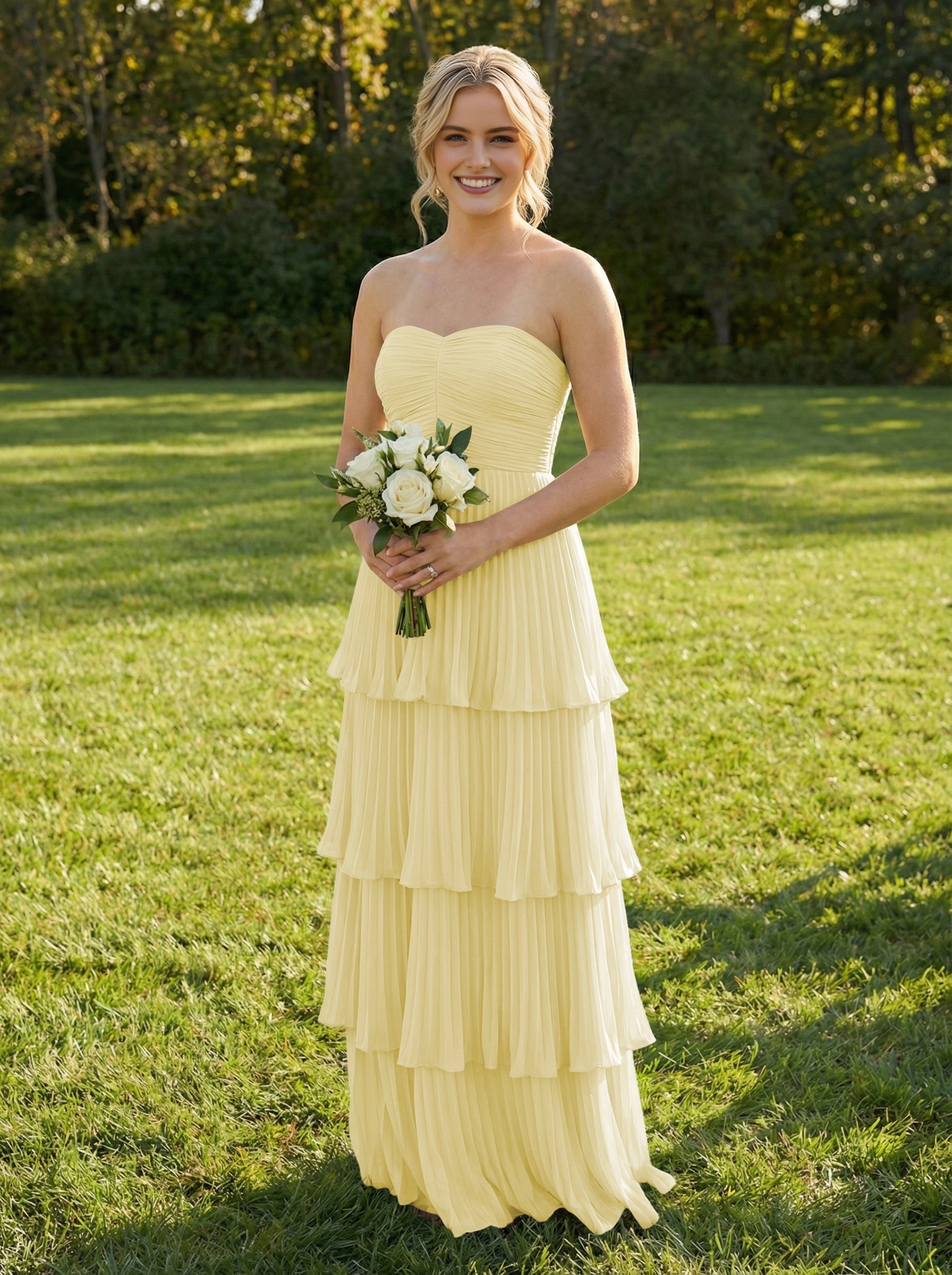 Elegant A‑Line Strapless Sweetheart Zip‑Back Pleated Tiered Long Bridesmaid Dress