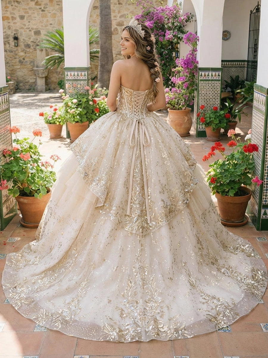 Vedress ivory glitter tulle quinceanera gown strapless lace-up corset back tiered ruffle skirt gold sequin appliques full ball gown with train back view