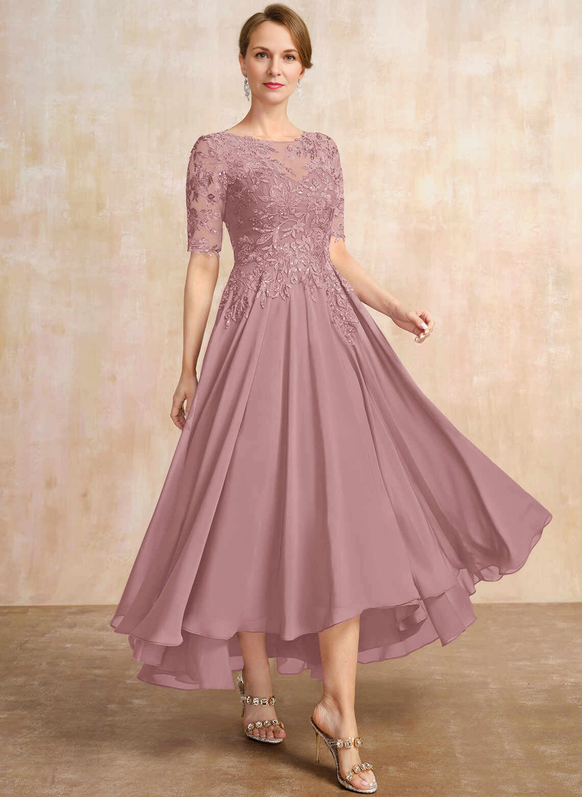 Romantic A‑Line Illusion Neck Half Sleeve Keyhole Back Hi‑Low Mother Of The Bride Dress