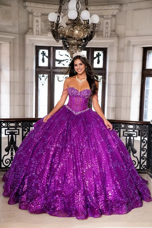 Beaded Ball Gown Sweetheart Chain Strap Corset Bow Train Quinceañera Dress