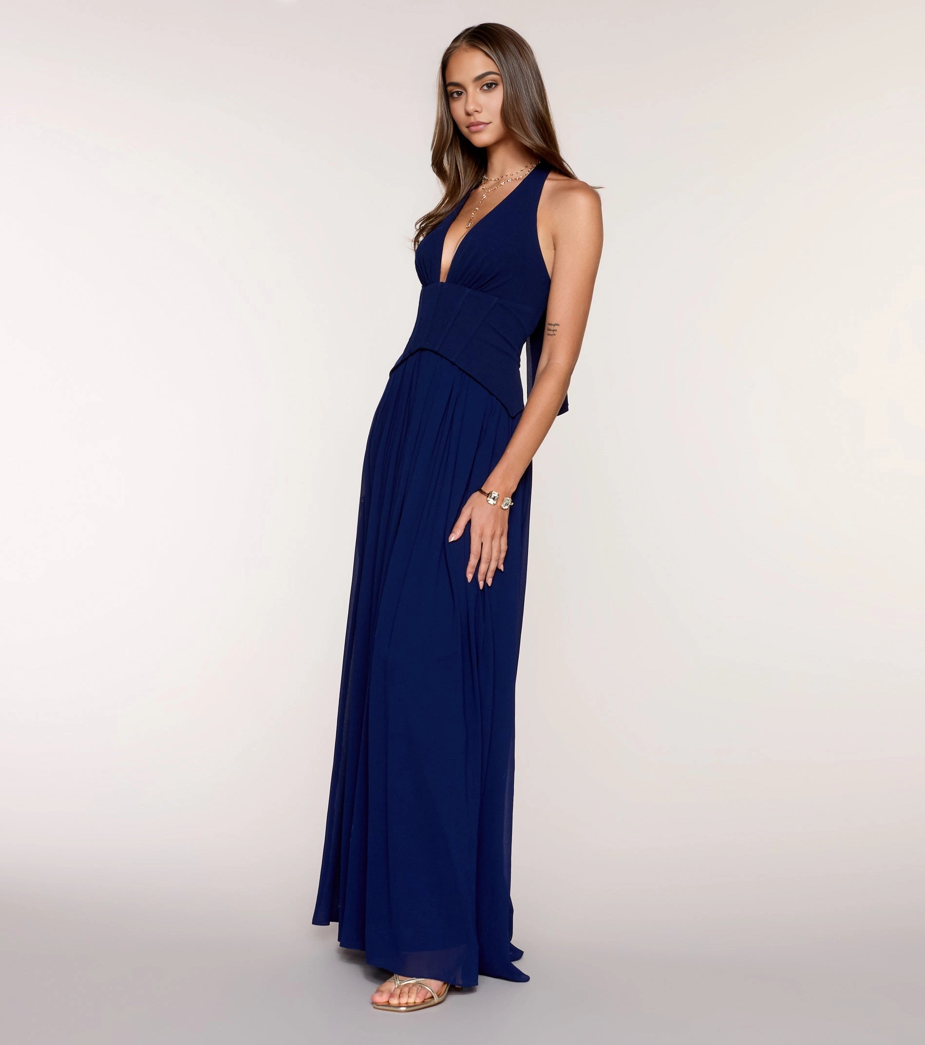 Navy A-Line Deep V Halter Open Back Long Prom Dress