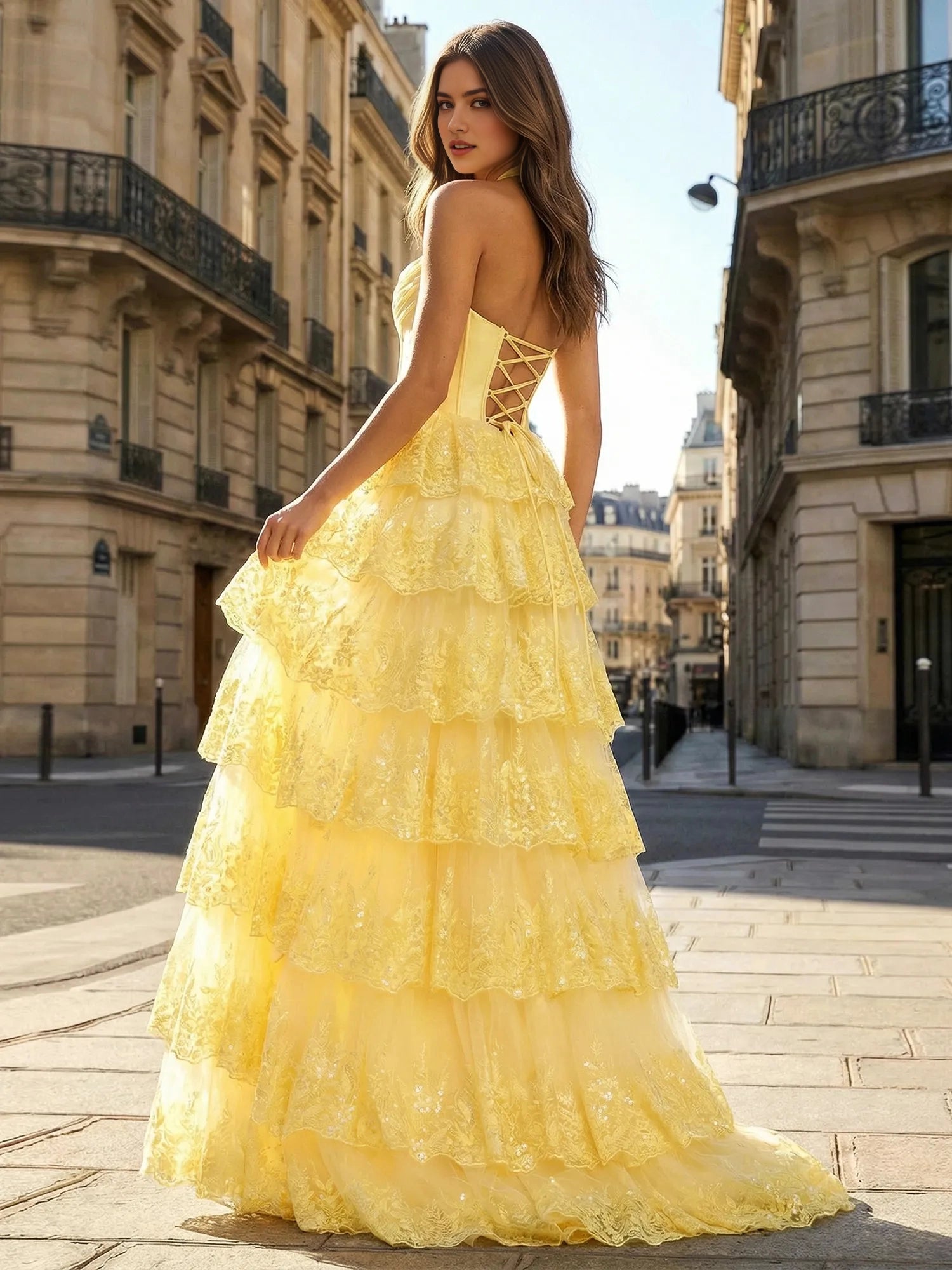 Lace‑up back yellow tiered lace a‑line formal long prom gown for party
