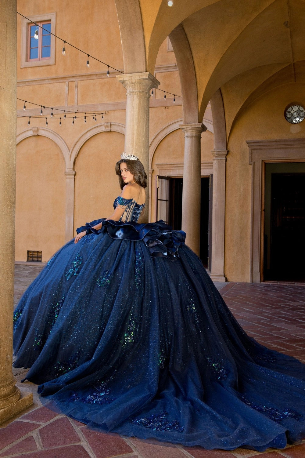 Vedress navy blue quinceanera ball gown corset back chapel train large satin bow glitter tulle back view
