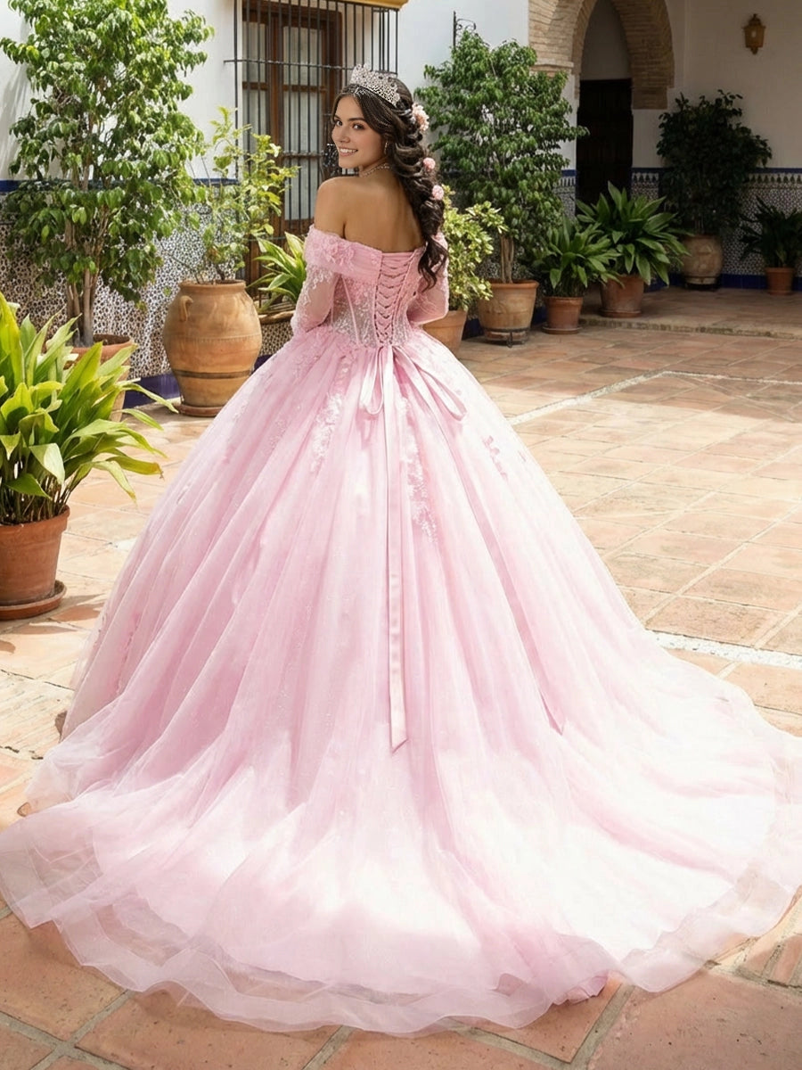 Vedress blush pink quinceanera dress off-shoulder lace-up corset back 3D floral appliqué long sleeve court train ballgown back view