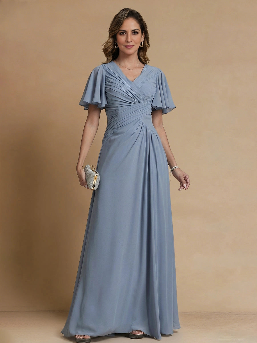 Elegant A‑Line V‑Neck Flutter Sleeve V‑Back Floor‑Length Mother Of The Bride Dress