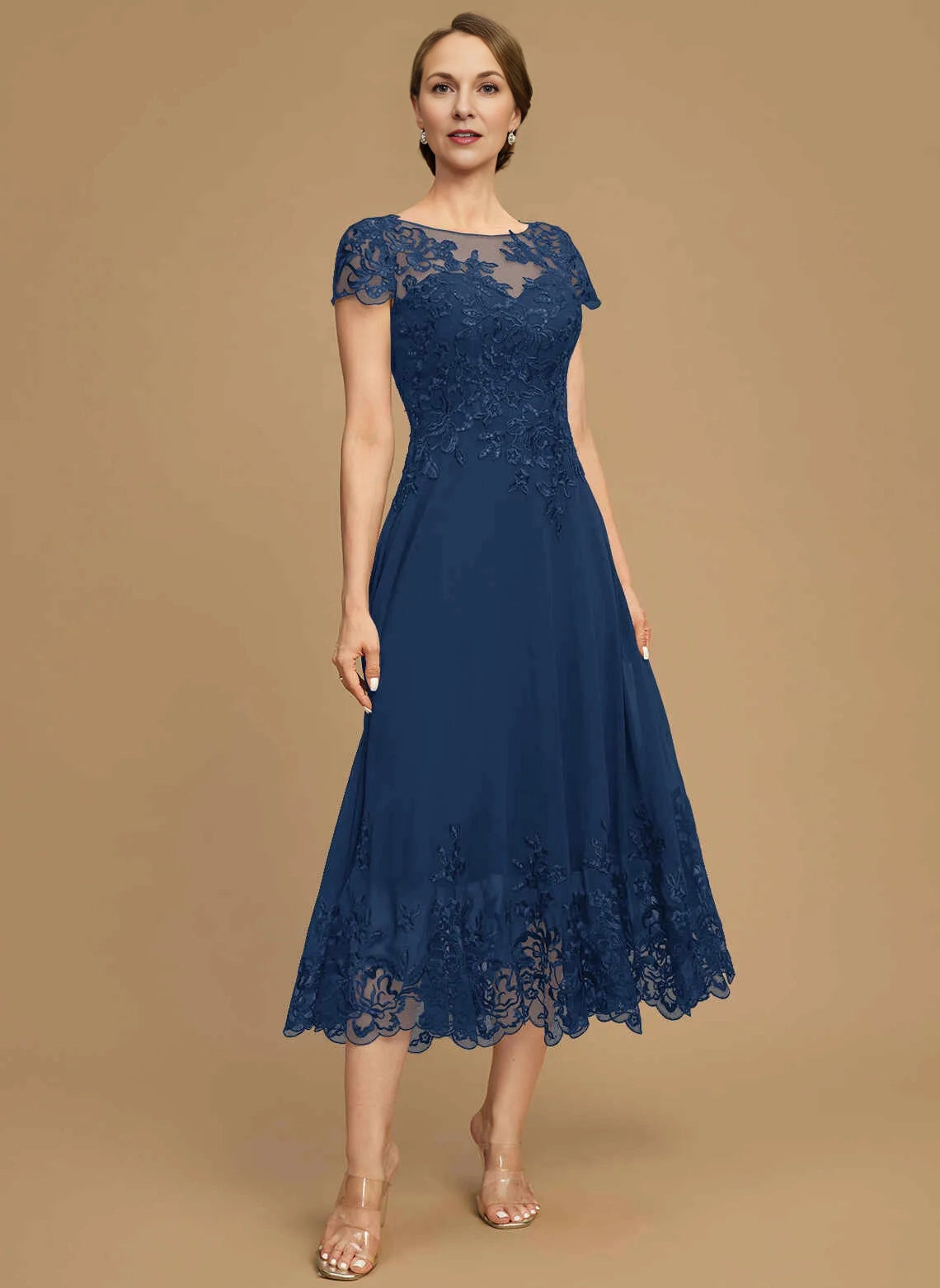 Classic A‑Line Illusion Neck Cap Sleeve Zipper Back Midi Mother Of The Bride Dress