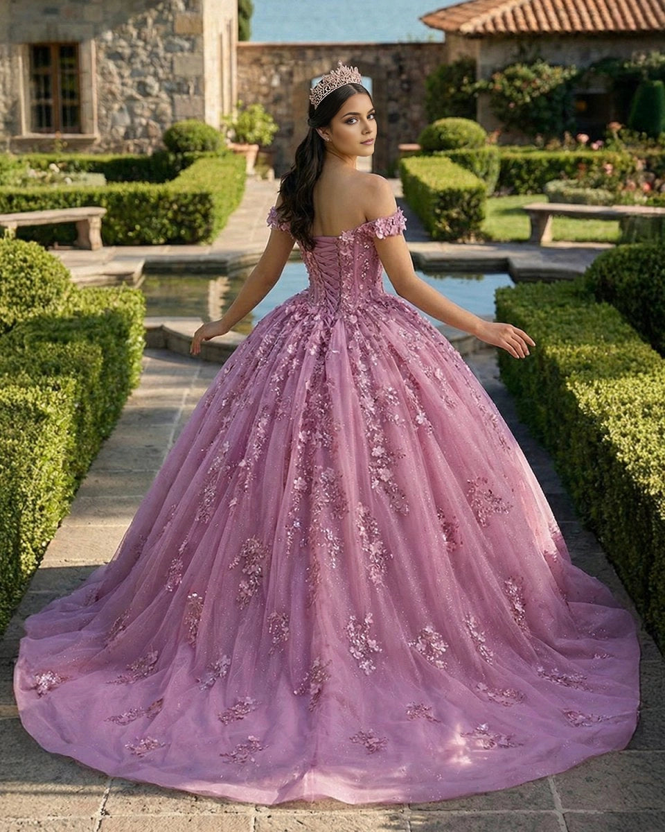 Vedress dusty pink quinceañera dress lace-up corset back off shoulder glitter tulle ballgown with 3D flowers back view
