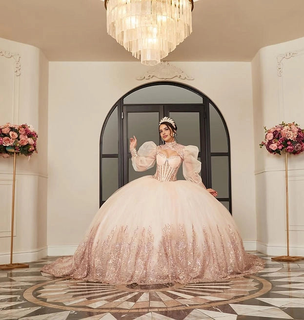 Ball Gown Puff Sleeve Corset Back Cape Train Quinceañera Dress