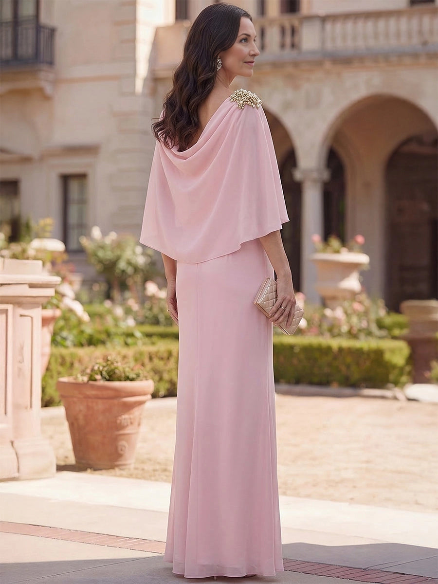 Blush Sheath Bateau Cape Sleeve Cowl‑Back Long Mother of the Bride Dress