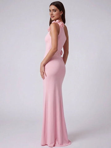 Vedress blush jersey formal gown side‑back view,open cutout back,3D flower waist decoration,invisible zipper,body‑hugging mermaid silhouette,solid neutral backdrop