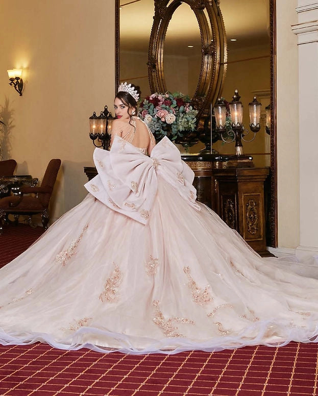 Ball Gown Beaded Strap Corset Back Big Bow Quinceañera Dress