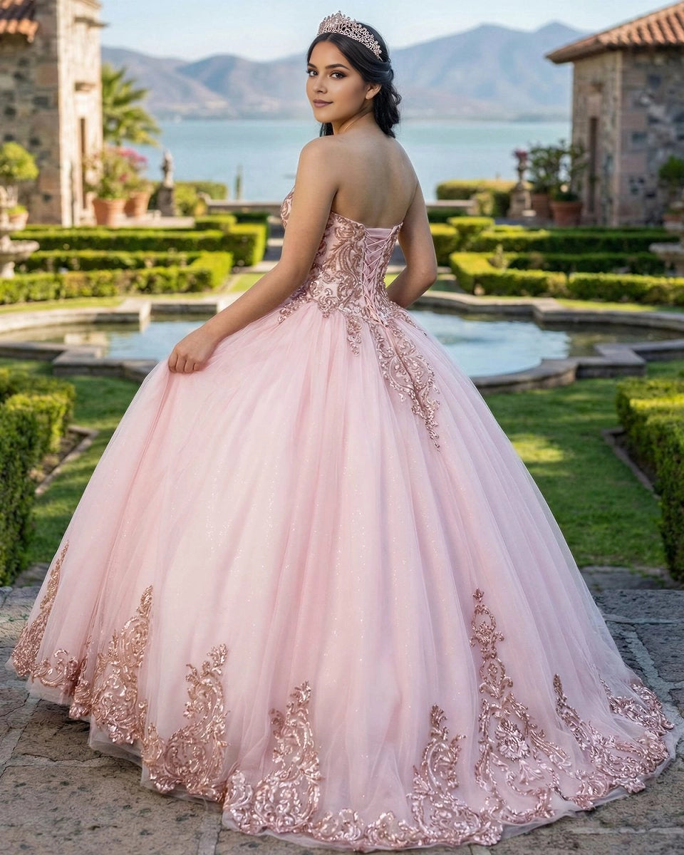 Vedress blush pink strapless quinceañera dress lace-up corset back glitter tulle ballgown back view