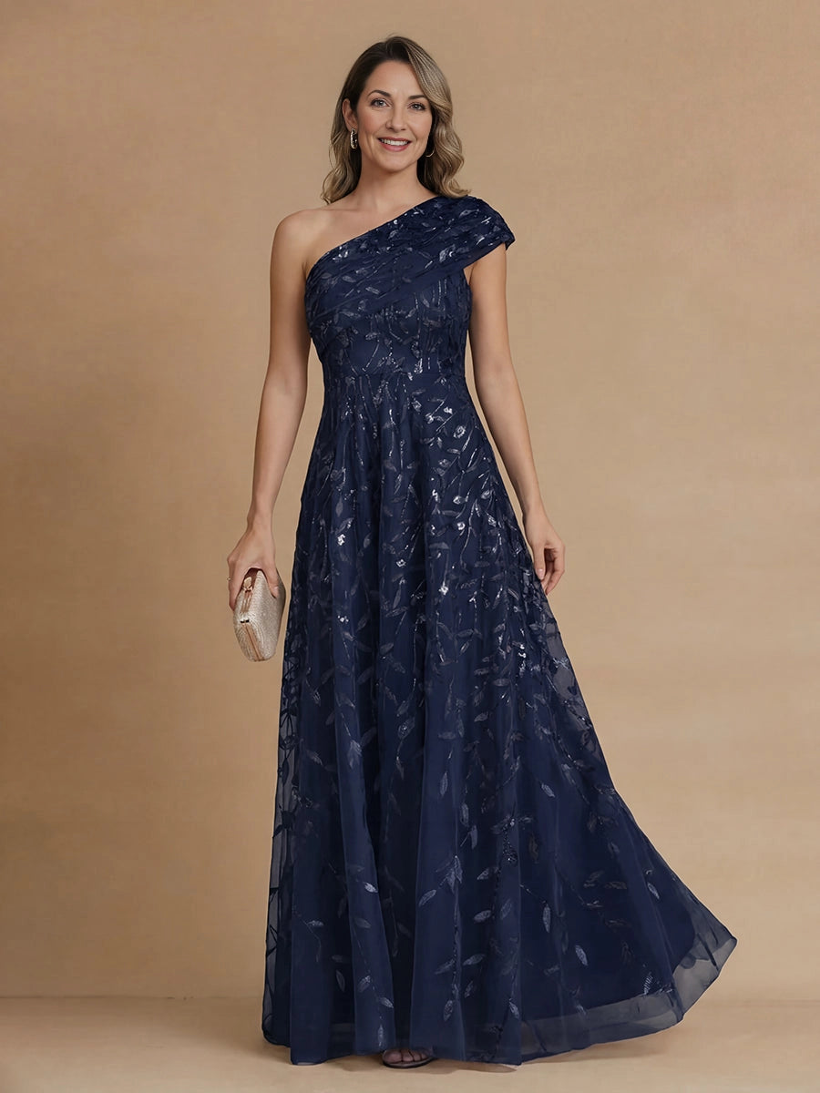 Romantic A‑Line One‑Shoulder Single‑Sleeve Zip‑Back Long Mother Of The Bride Dress