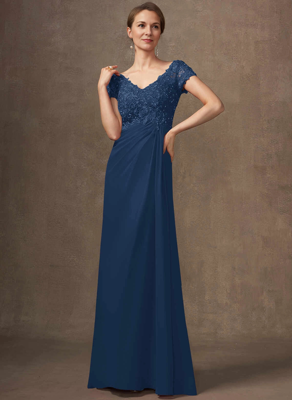 Elegant A‑Line V‑Neck Cap Sleeve Keyhole Back Floor‑Length Mother Of The Bride Dress