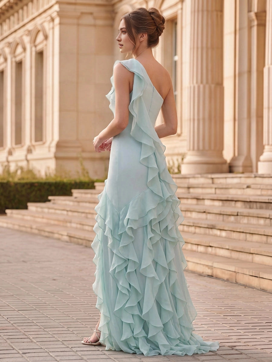 Vedress sage chiffon formal gown back view,open back design,continuous cascading ruffle details,sweep train mermaid silhouette,stone steps scenery