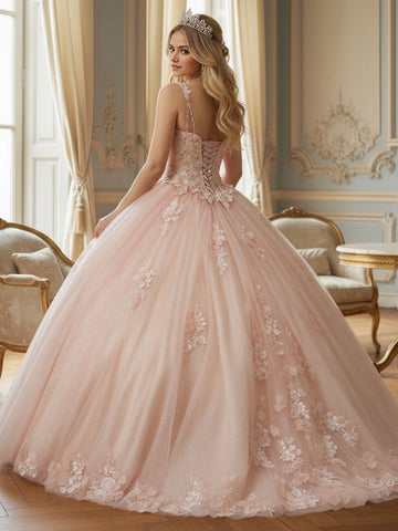 Vedress blush pink glitter tulle quinceanera gown spaghetti straps lace-up corset back 3D floral lace full voluminous ball skirt back view