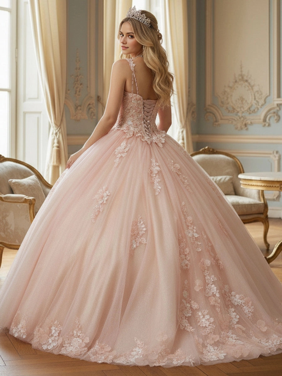 Vedress blush pink glitter tulle quinceanera gown spaghetti straps lace-up corset back 3D floral lace full voluminous ball skirt back view