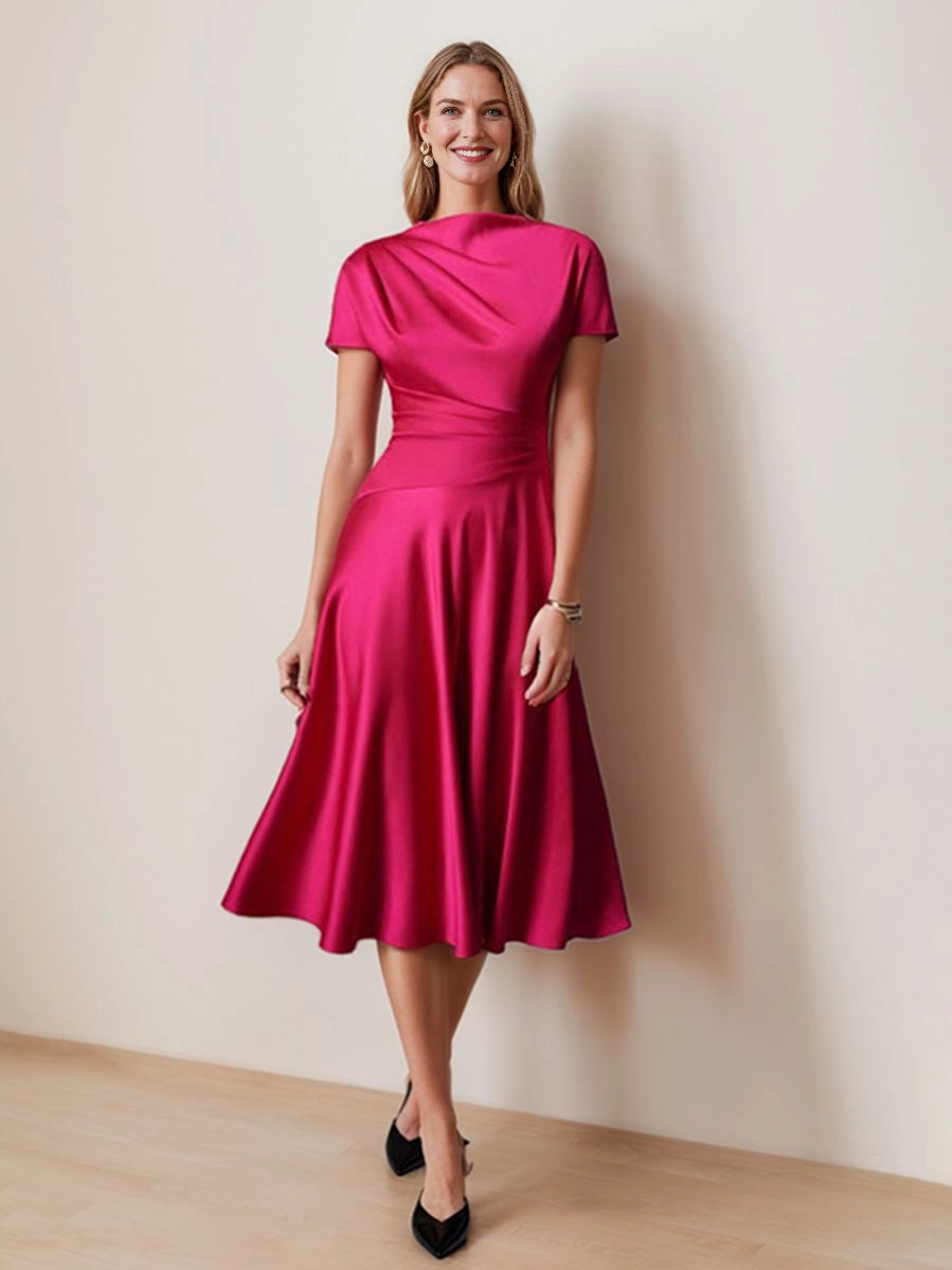 Modest A‑Line Cowl‑Neck Short‑Sleeve Zipper‑Back Midi Mother Of The Bride Dress