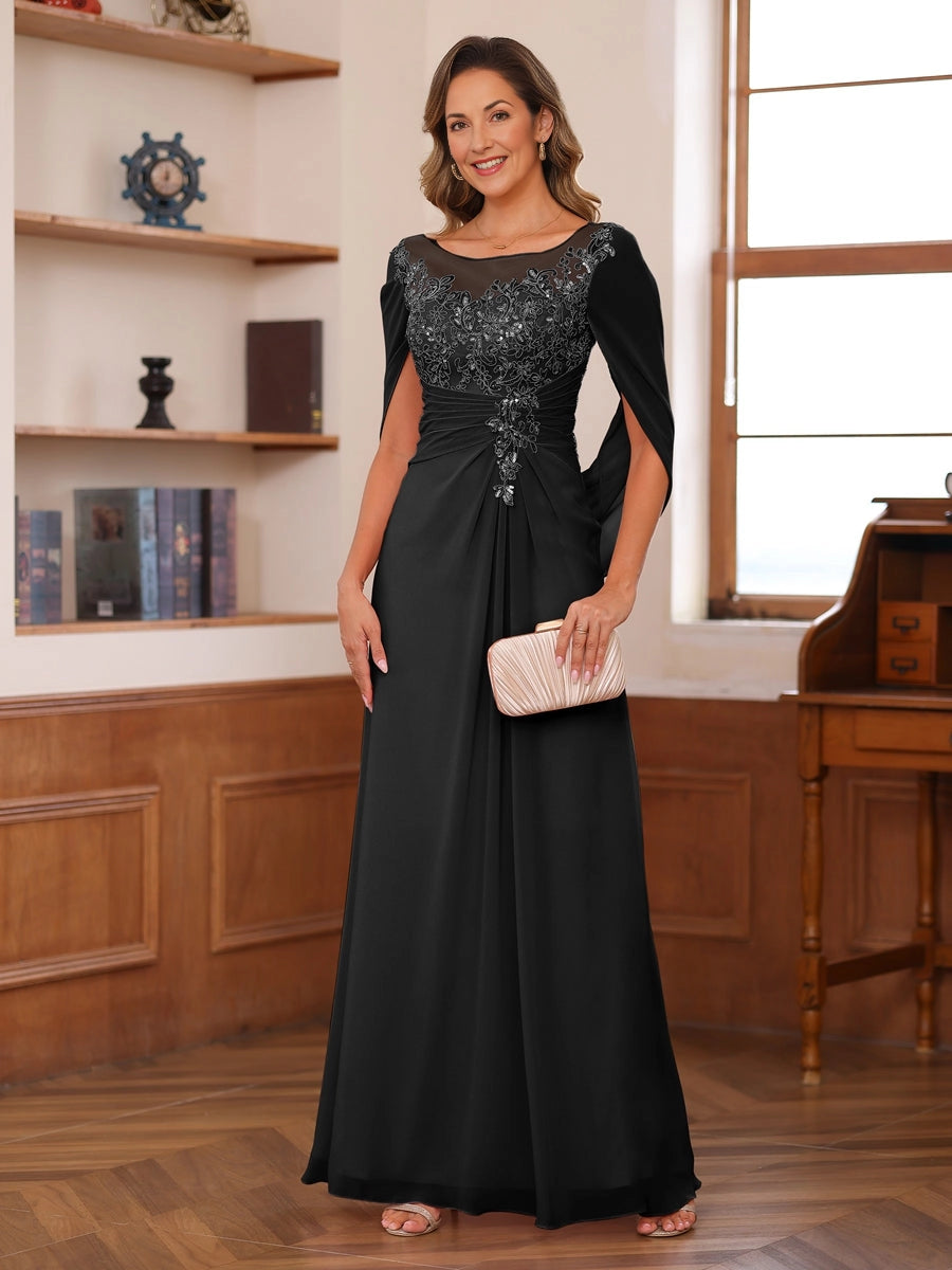 Charming A‑Line Illusion‑Neck Cape‑Sleeve Keyhole‑Back Long Mother Of The Bride Dress