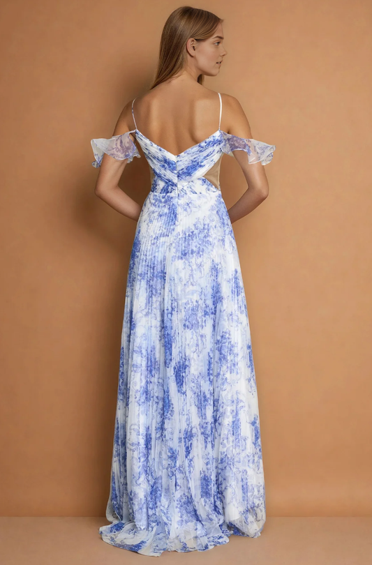 Elegant Floral Chiffon V Neck Cold Shoulder Cutouts Open Back Maxi Formal Long Prom Dress with Side