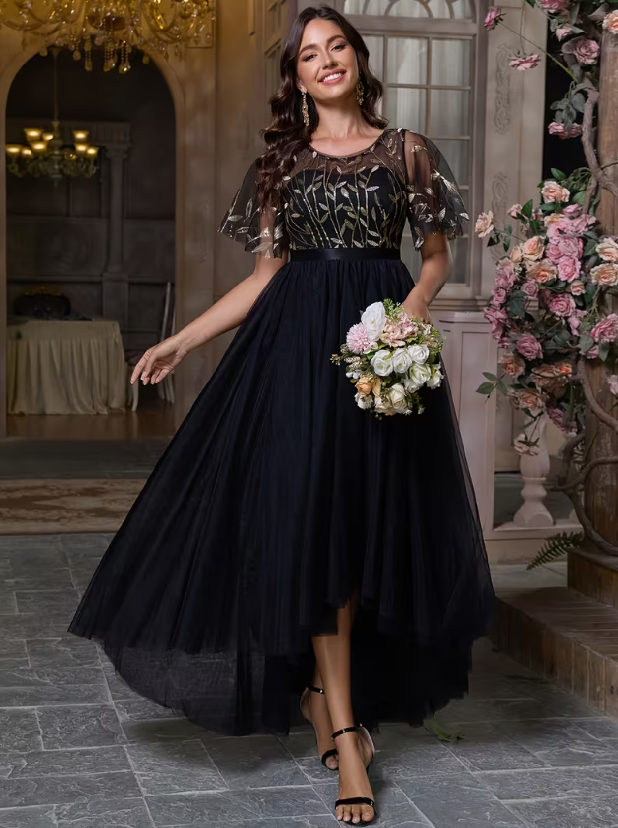 A-Line Bridesmaid Dress Mesh Party Maxi for Wedding Guest Round Neck Ruffle Sleeve Sequins Embroidery Prom Dresses