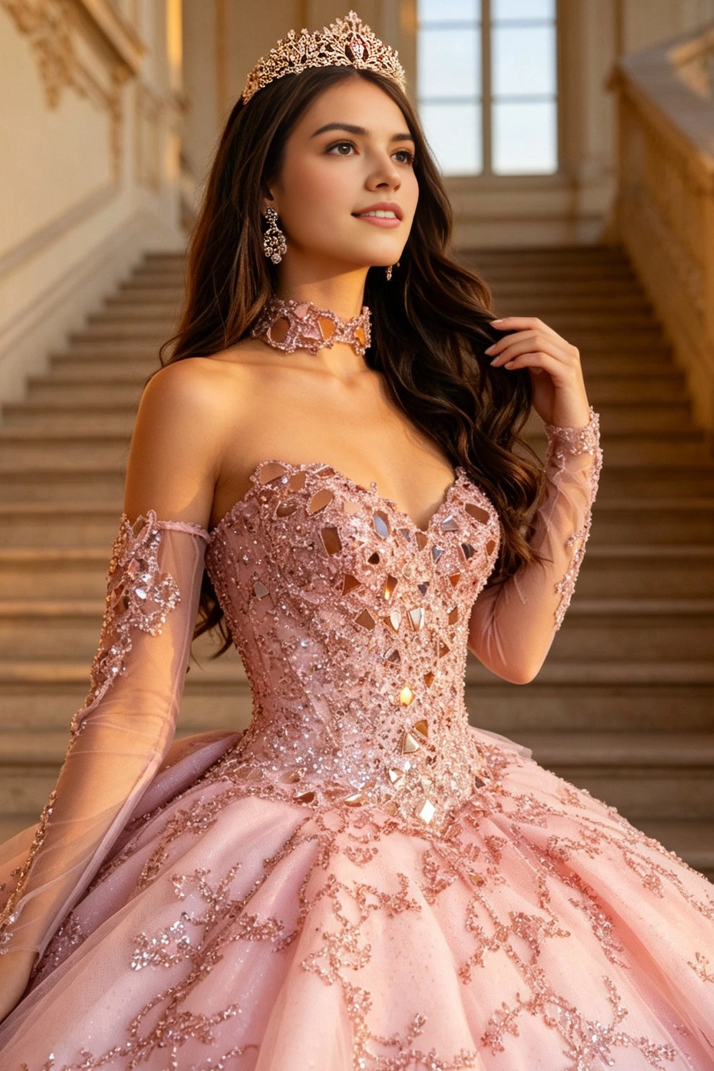 Gorgeous Pink Ball Gown Sweetheart Detachable Long Sleeve Lace‑Up Back Court Train Quinceanera Dress