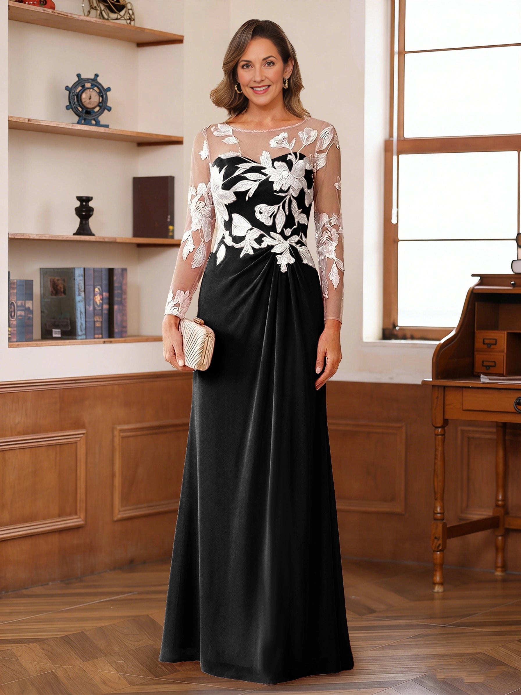 Elegant A Line Round Neck Long Sleeve Button Back Floor Length Mother Of The Bride Dress