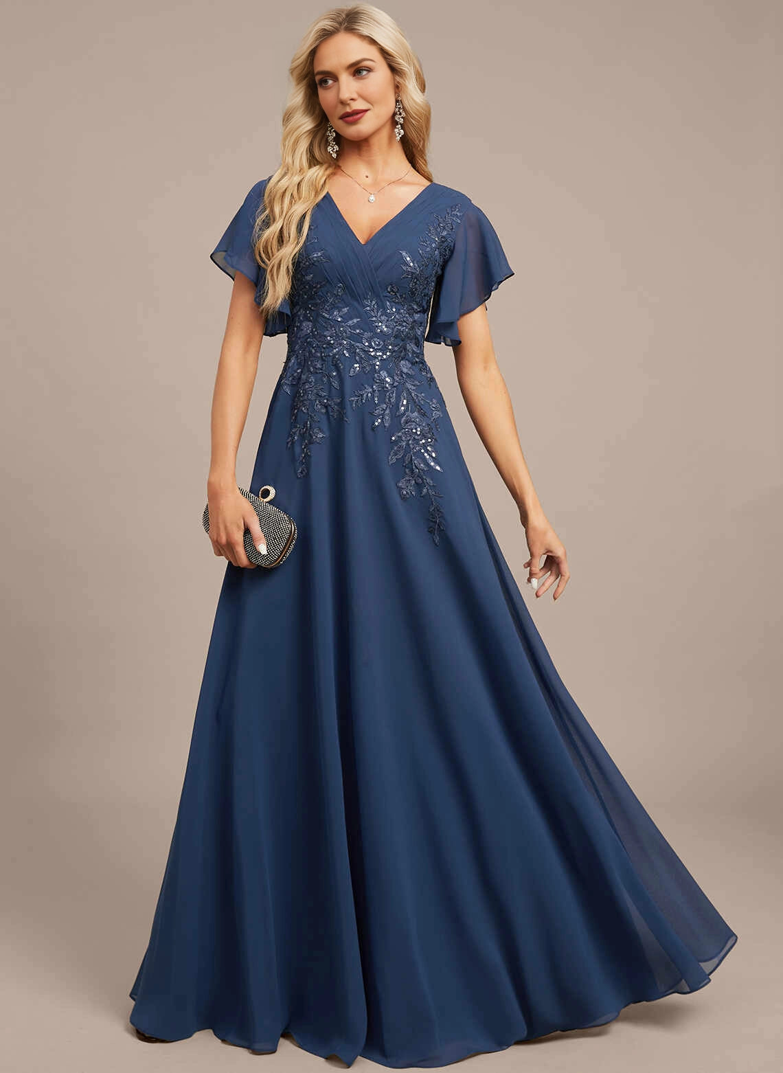 Classic A‑Line V‑Neck Flutter Sleeve V‑Back Long Mother Of The Bride Dress