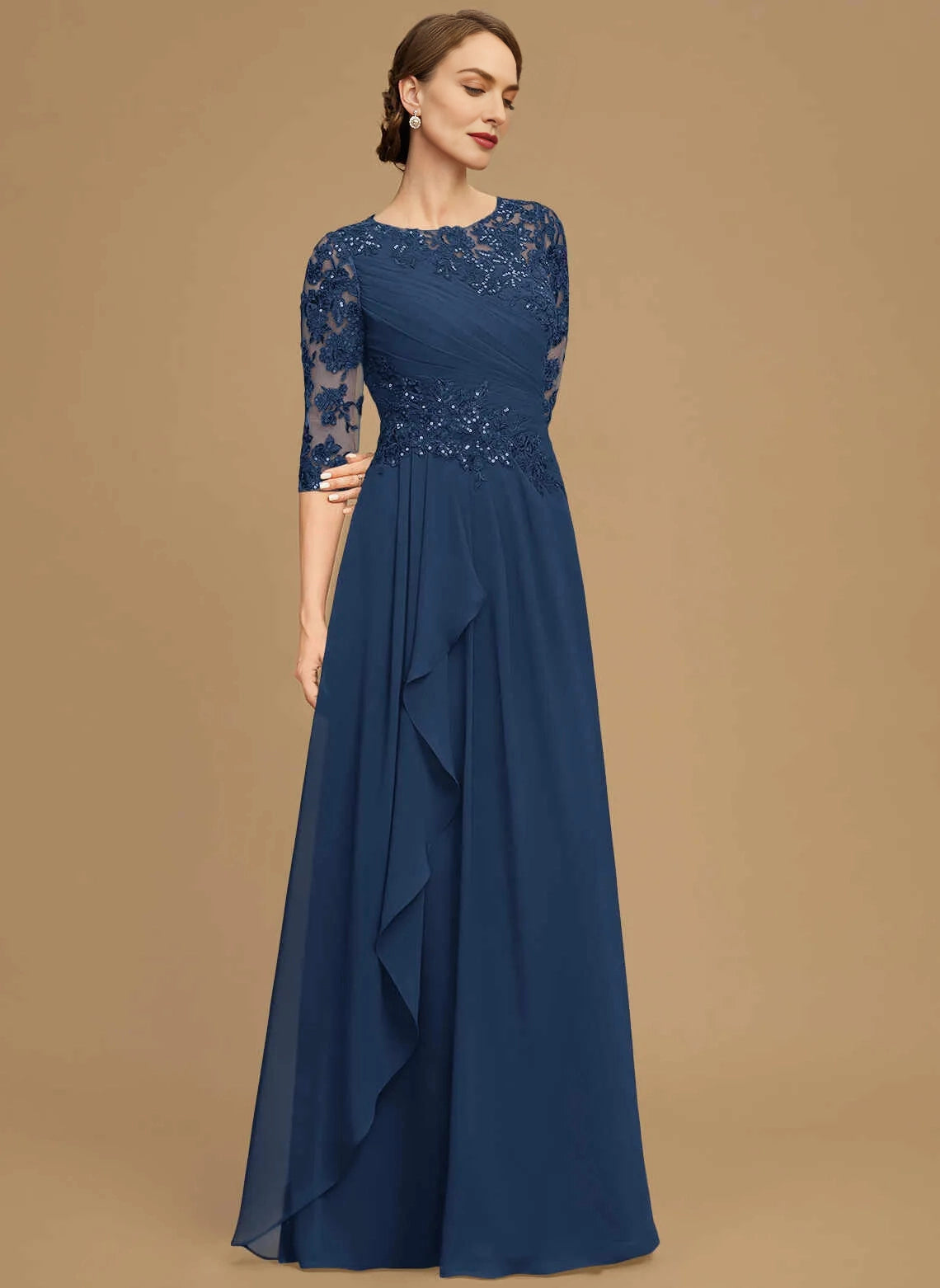 Classic A‑Line Round Neck 3/4 Sleeve Zipper Back Floor‑Length Mother Of The Bride Dress