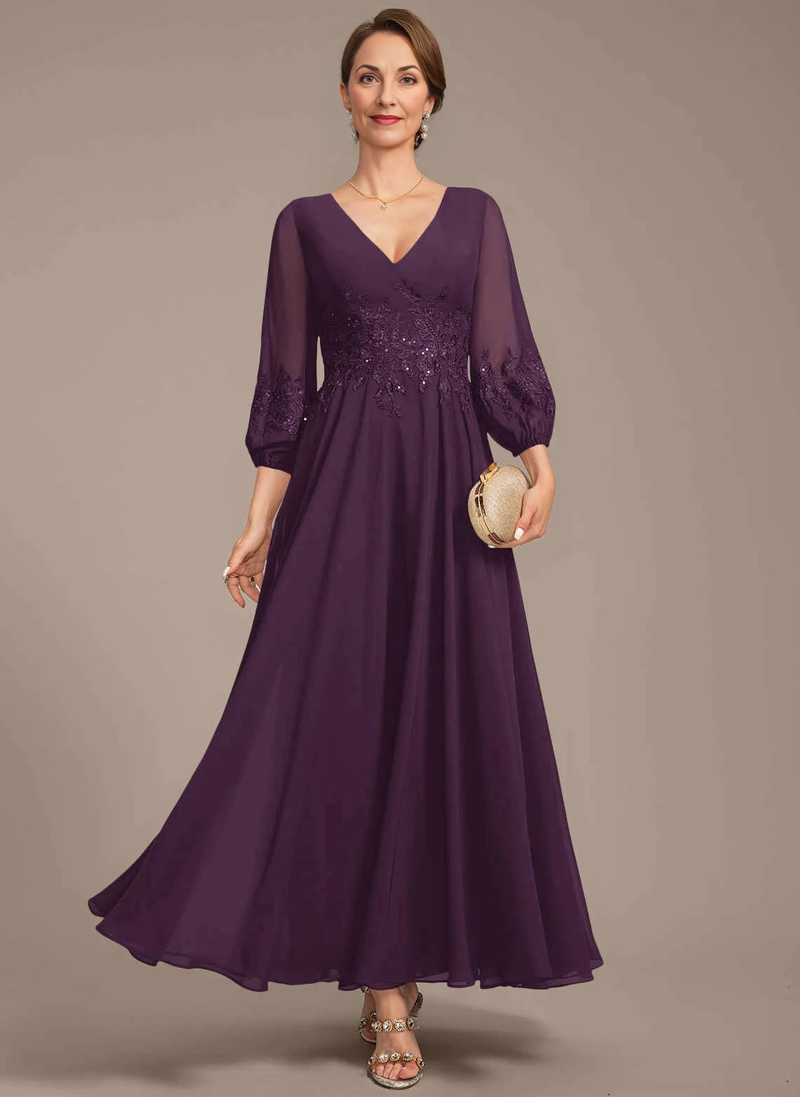Graceful A‑Line V‑Neck Puff‑Sleeve Zip‑Back Floor‑Length Mother Of The Bride Dress
