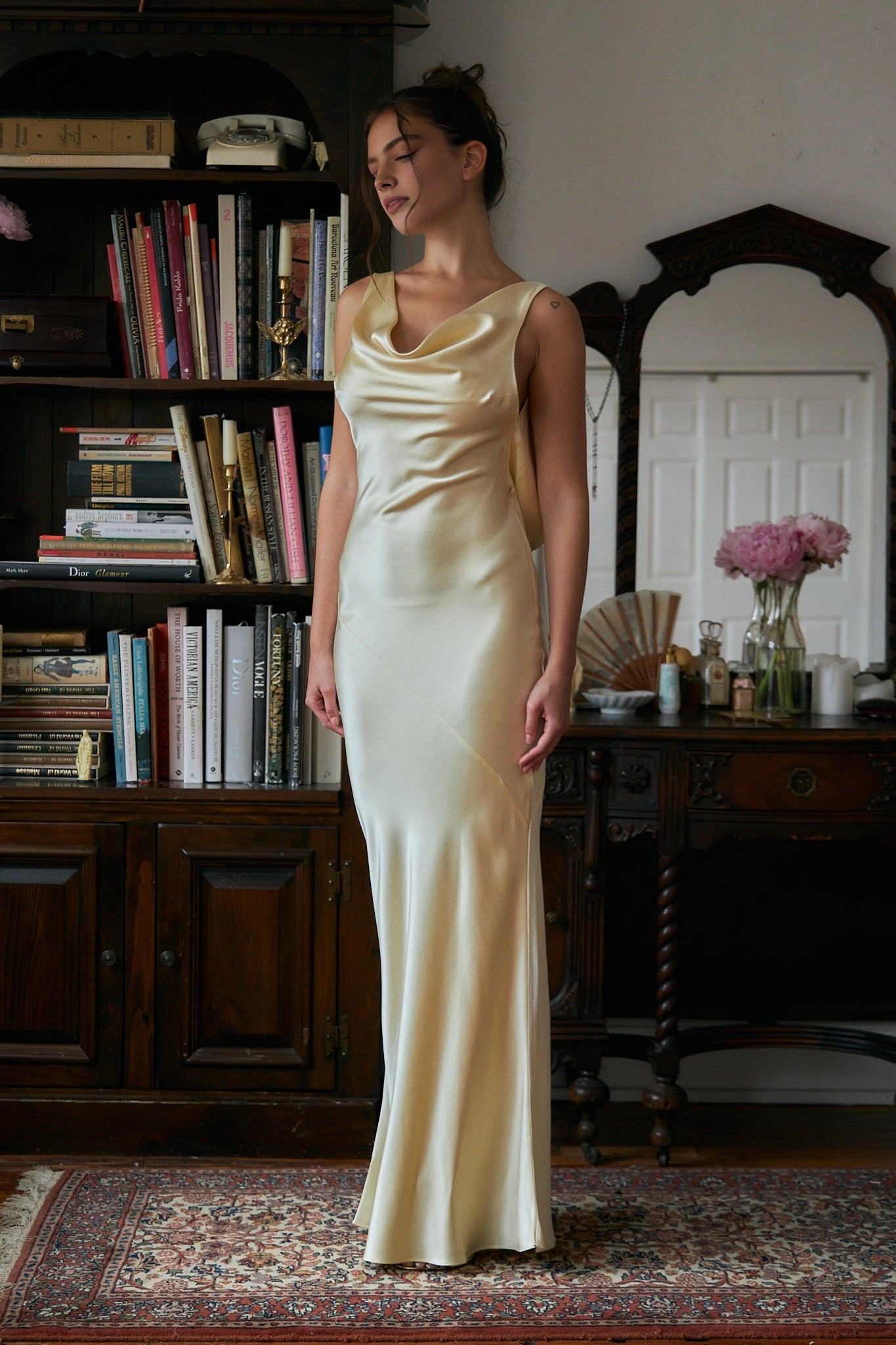 Champagne Satin Mermaid Cowl Neck Sleeveless Criss‑Cross Tie‑Up Open‑Back Floor‑Length Prom Dress 