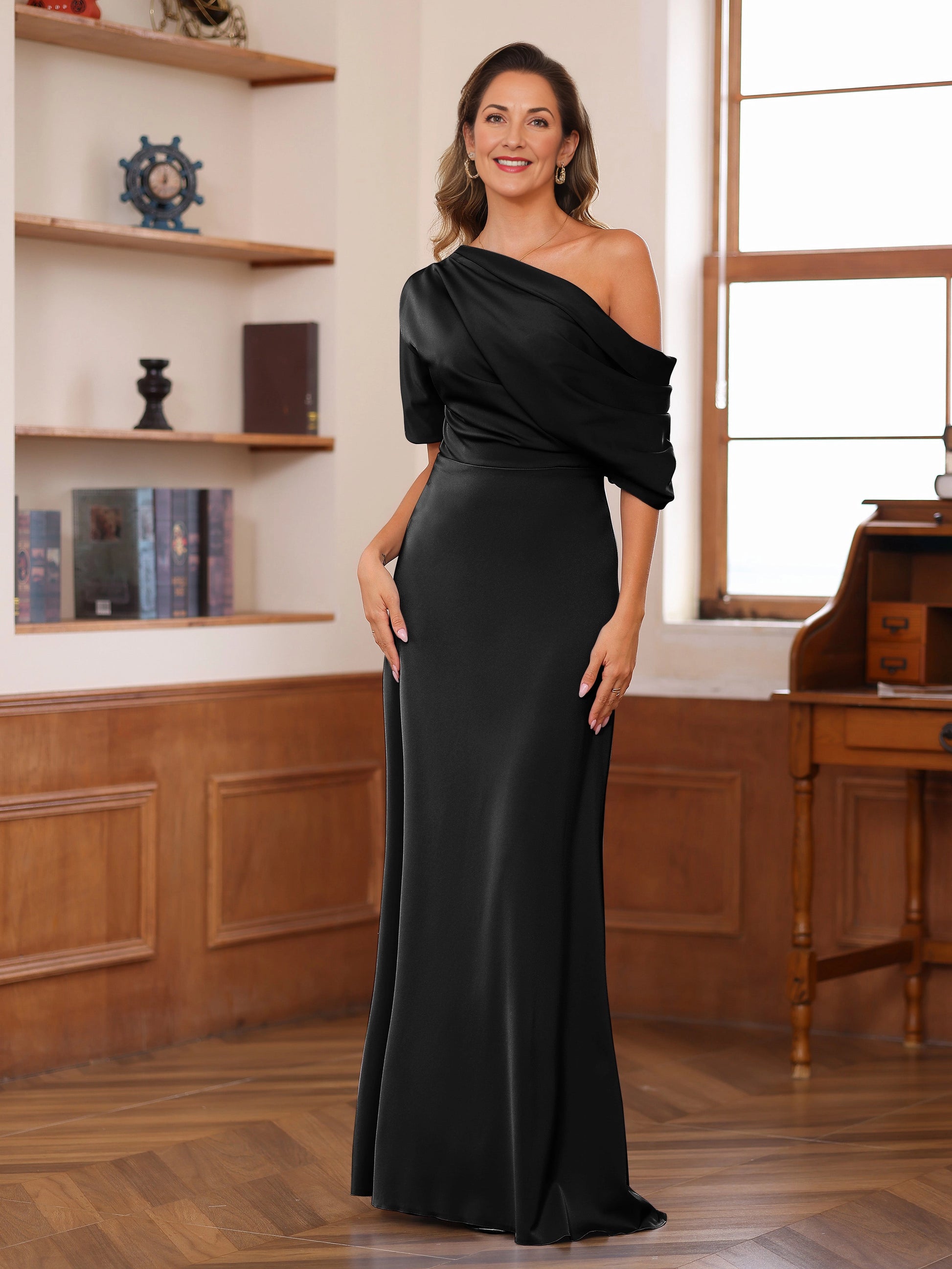 Elegant Mermaid One Shoulder Draped Short Sleeve Zip Back Floor Length Mother Of The Bride Dress
