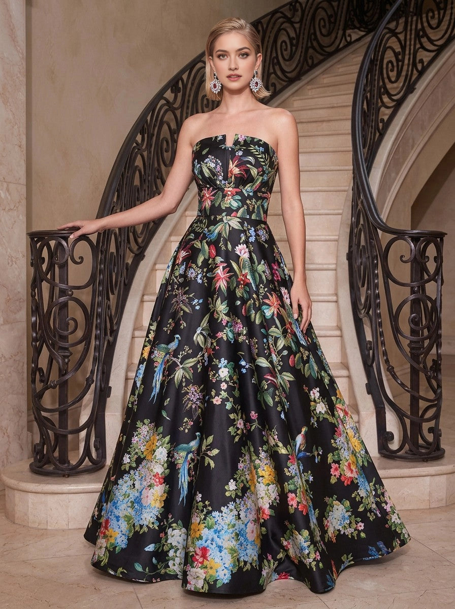 Bright Floral A‑Line Strapless Sleeveless Zip‑Back Floor‑Length Prom Dress 