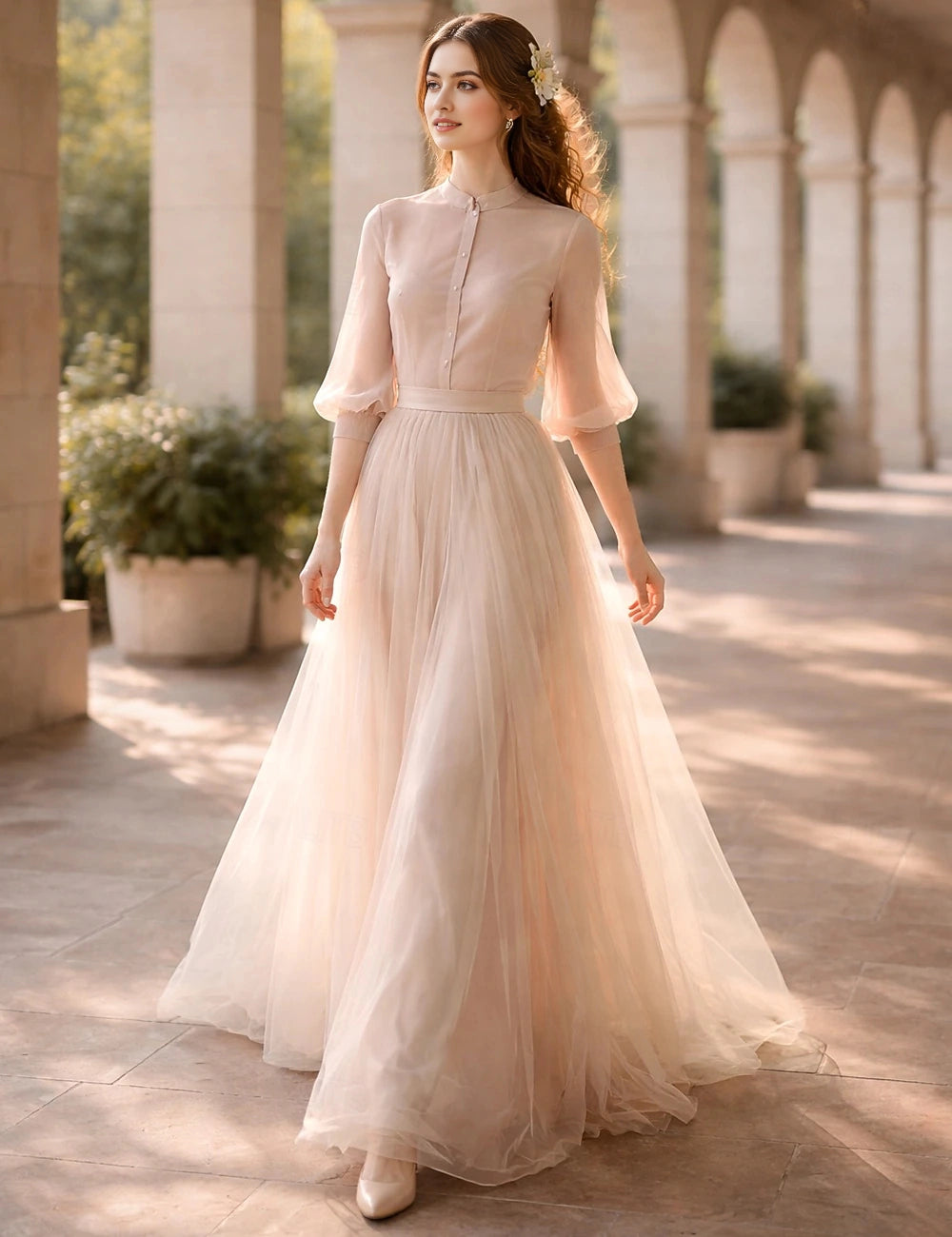 Vedress nude chiffon stand collar puff sleeve two piece tulle maxi prom dress front outdoor view