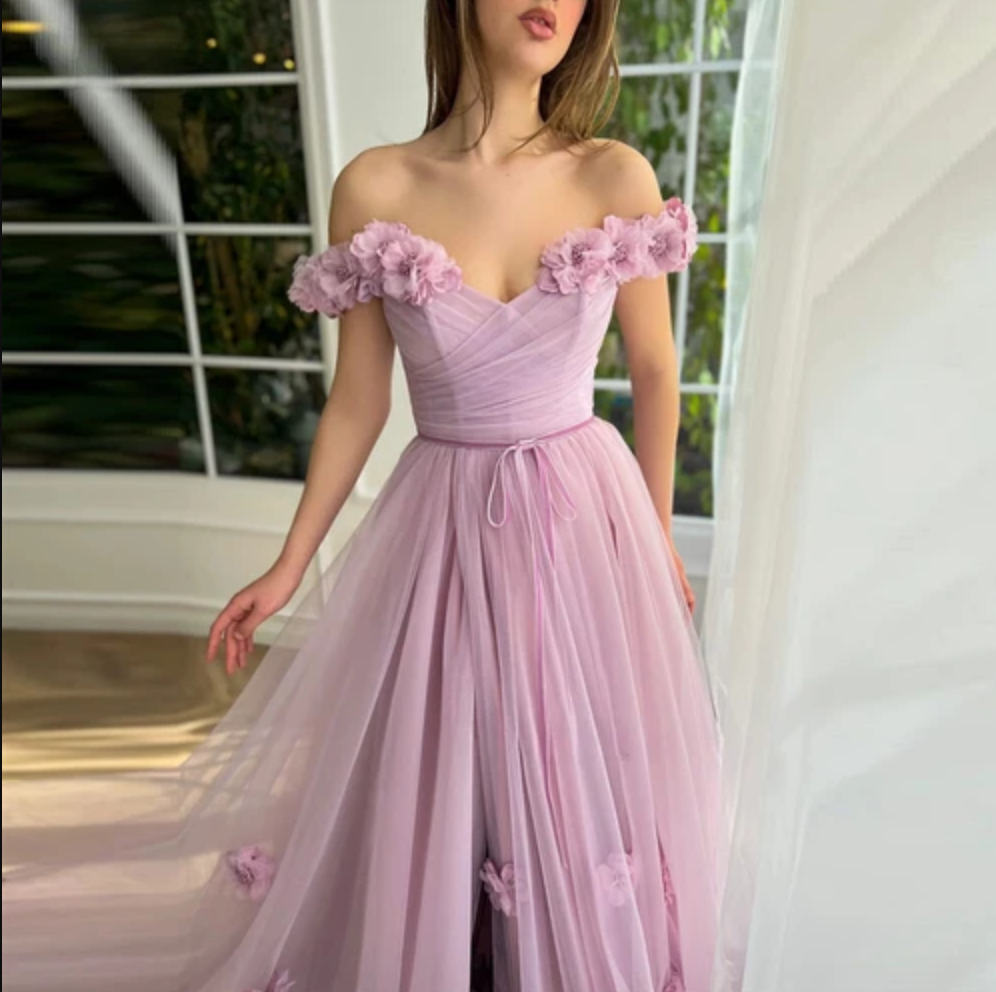 Vestidos de noche/fiesta de tul con flores, sin mangas, con escote Bardot, hasta el suelo, línea A/corte princesa
