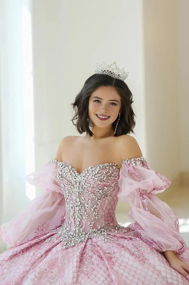 Ball Gown Strapless Sweetheart Detachable Puff Sleeves Glitter Lace Corset Back Big Bow Quinceanera Dress