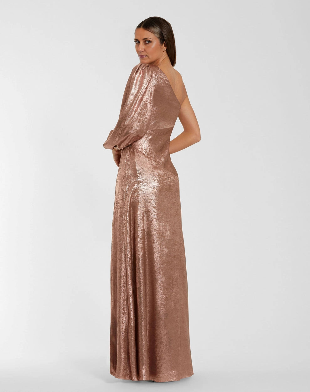 Vedress rose gold sheath mother of the bride dress one shoulder puff sleeve open back with front slit
