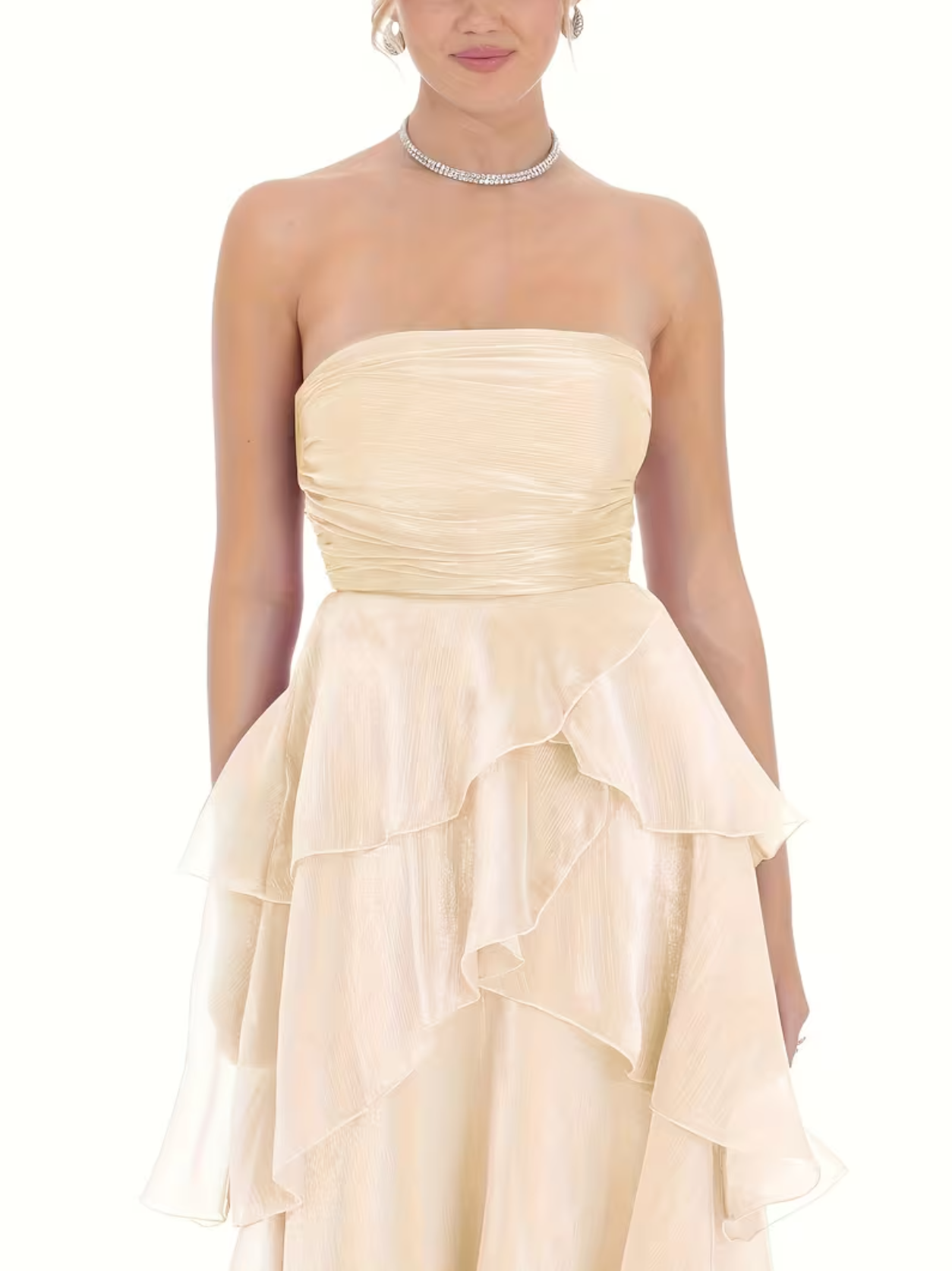 Women's Party Outfit Elegant Strapless Long Sleeve A-Line Tiered Bridesmaid Dress Formal Evening Gown Wedding Dress