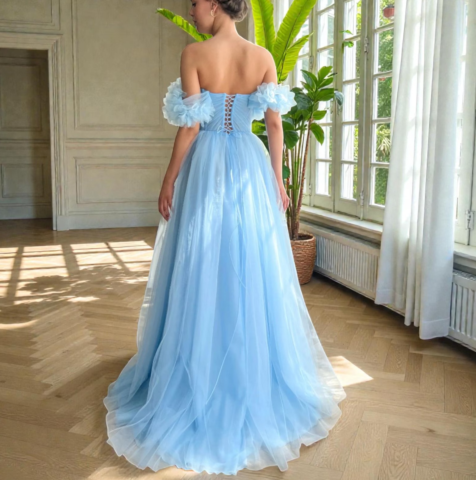 Off-the-Shoulder Tiered Ruffle Ball Gown Corset Prom Dresses Cape Evening Dress with Sheer and Side Slit