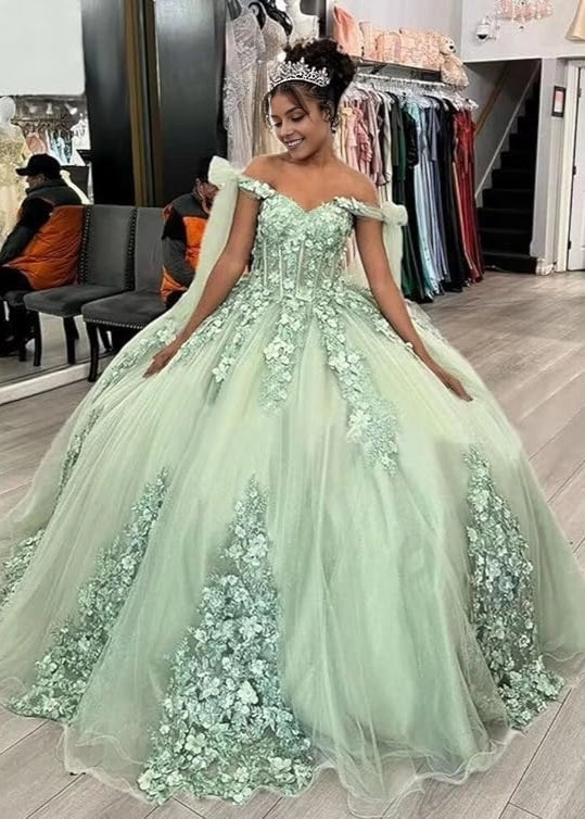 Sage Green Ball Gown Off Shoulder Cape Sleeve Lace Up Back Long Quinceañera Dress