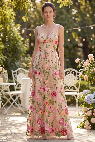 Deep V Neck Sleeveless Rose Floral Embroidery Tulle A-Line Maxi Formal Bridesmaid Dress