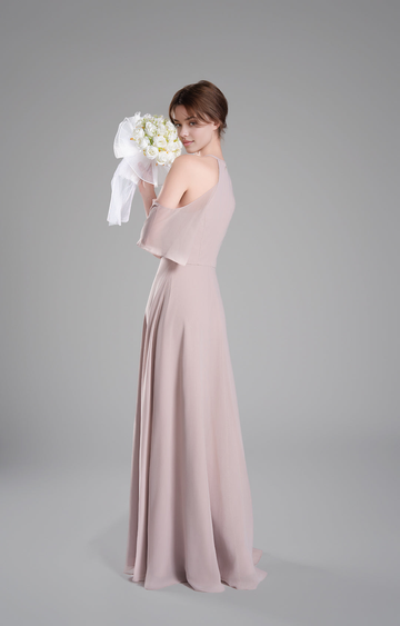 Elegant A-Line Halter Cold Shoulder Short Sleeve Open Back Chiffon Floor-Length Bridesmaid Dresses