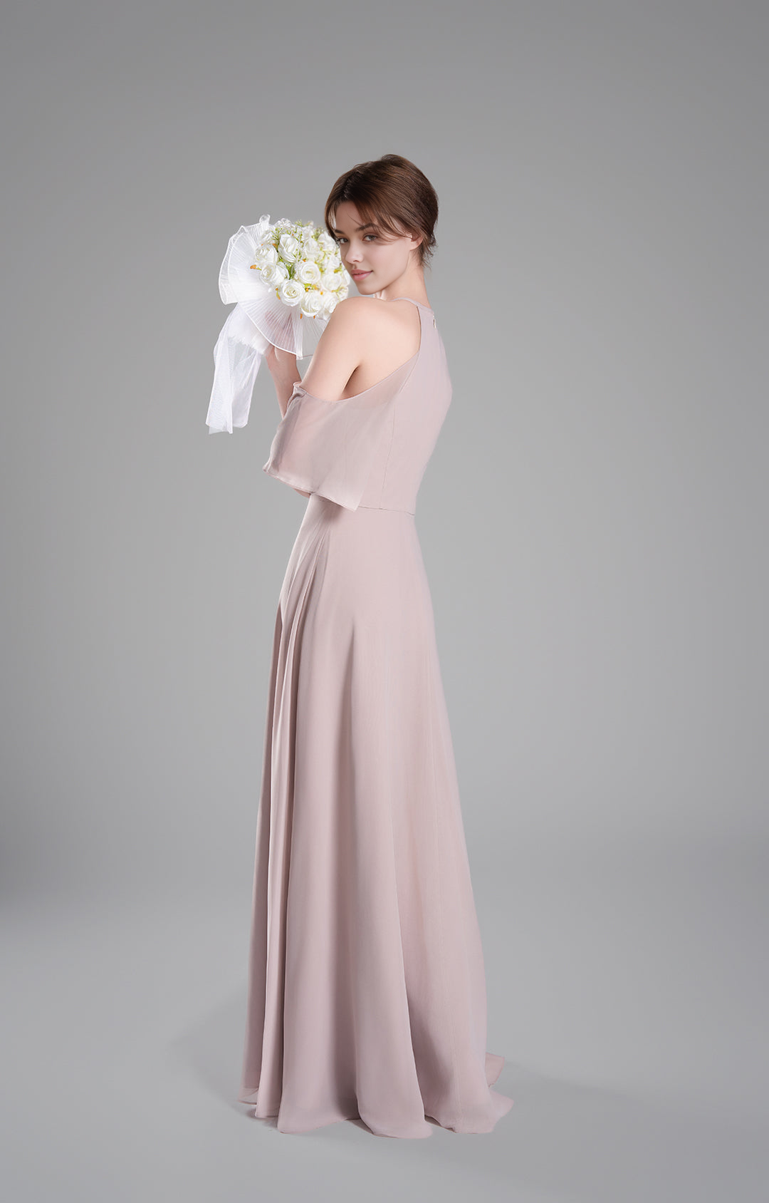 Elegant A-Line Halter Cold Shoulder Short Sleeve Open Back Chiffon Floor-Length Bridesmaid Dresses