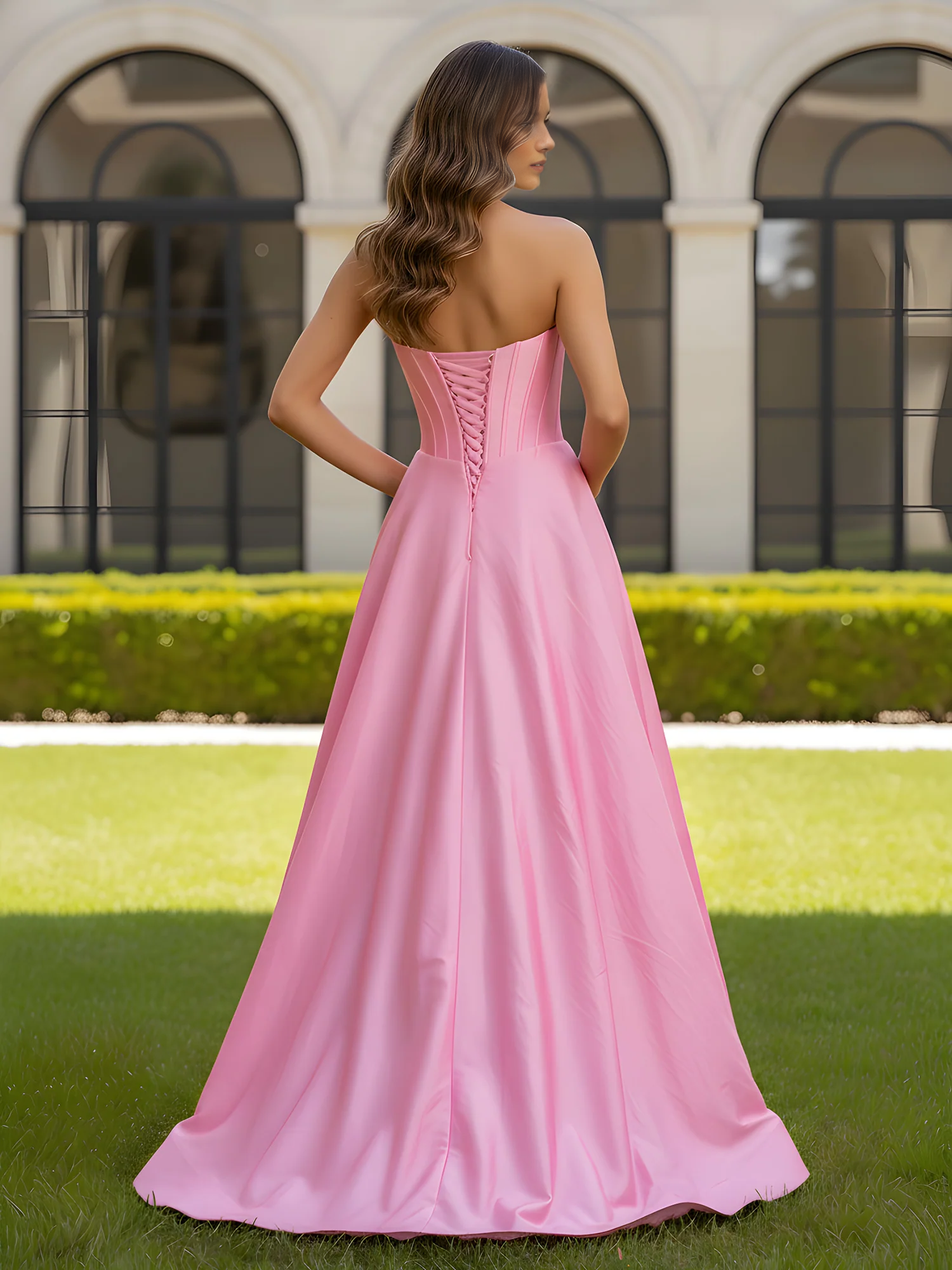 Strapless Beaded Corset Satin Ball Gown with Oversized Bow & High Slit - Pink Formal Prom & Wedding Guest Dress