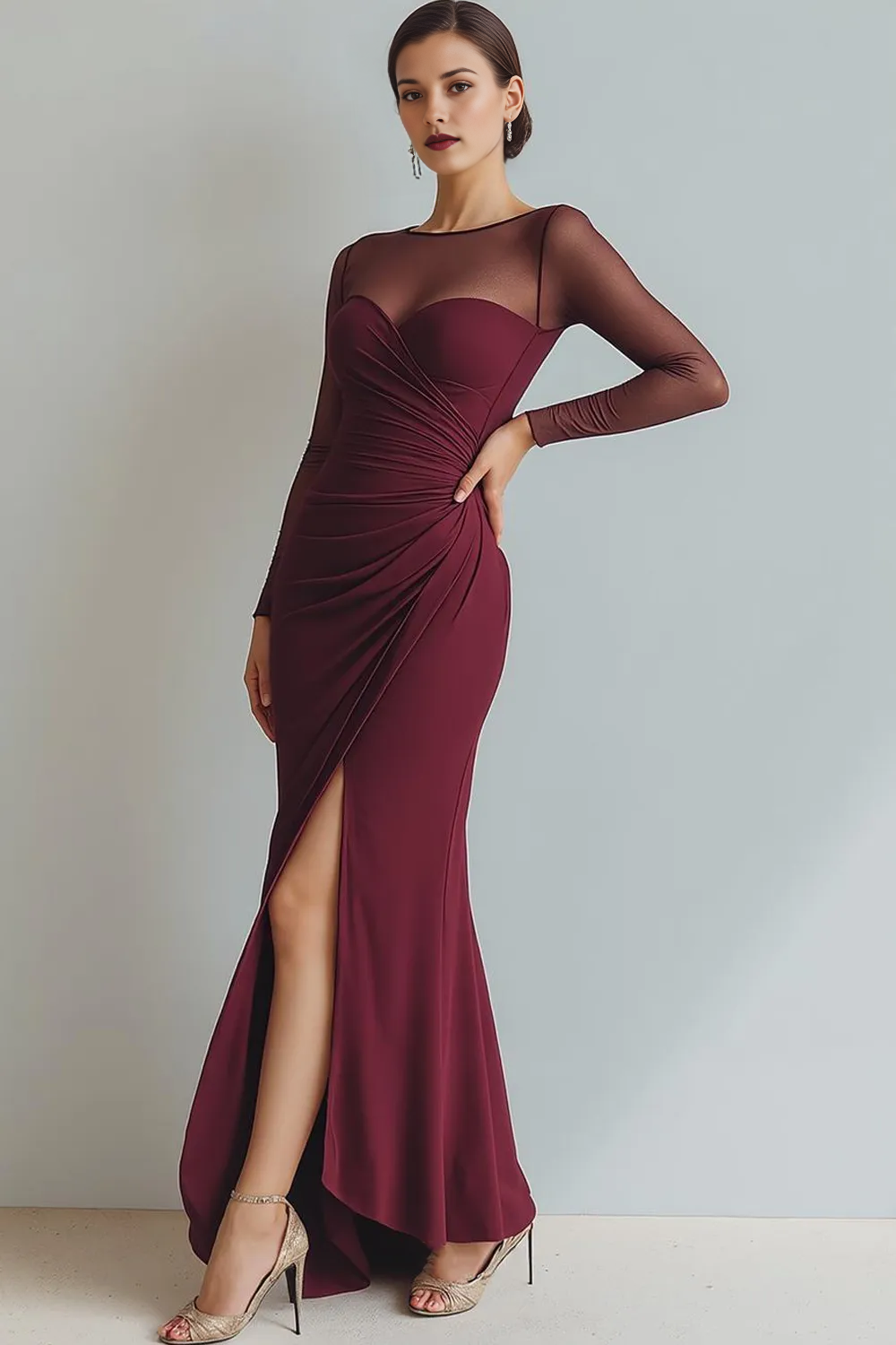 Long Sleeve Mesh Illusion Sweetheart Ruched Gown with Slit