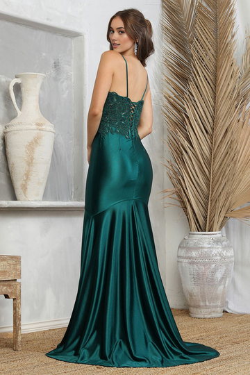 Vestido de noche de satén con forma de sirena sin tirantes, vestido de gala formal de encaje con apliques de encaje y abertura alta