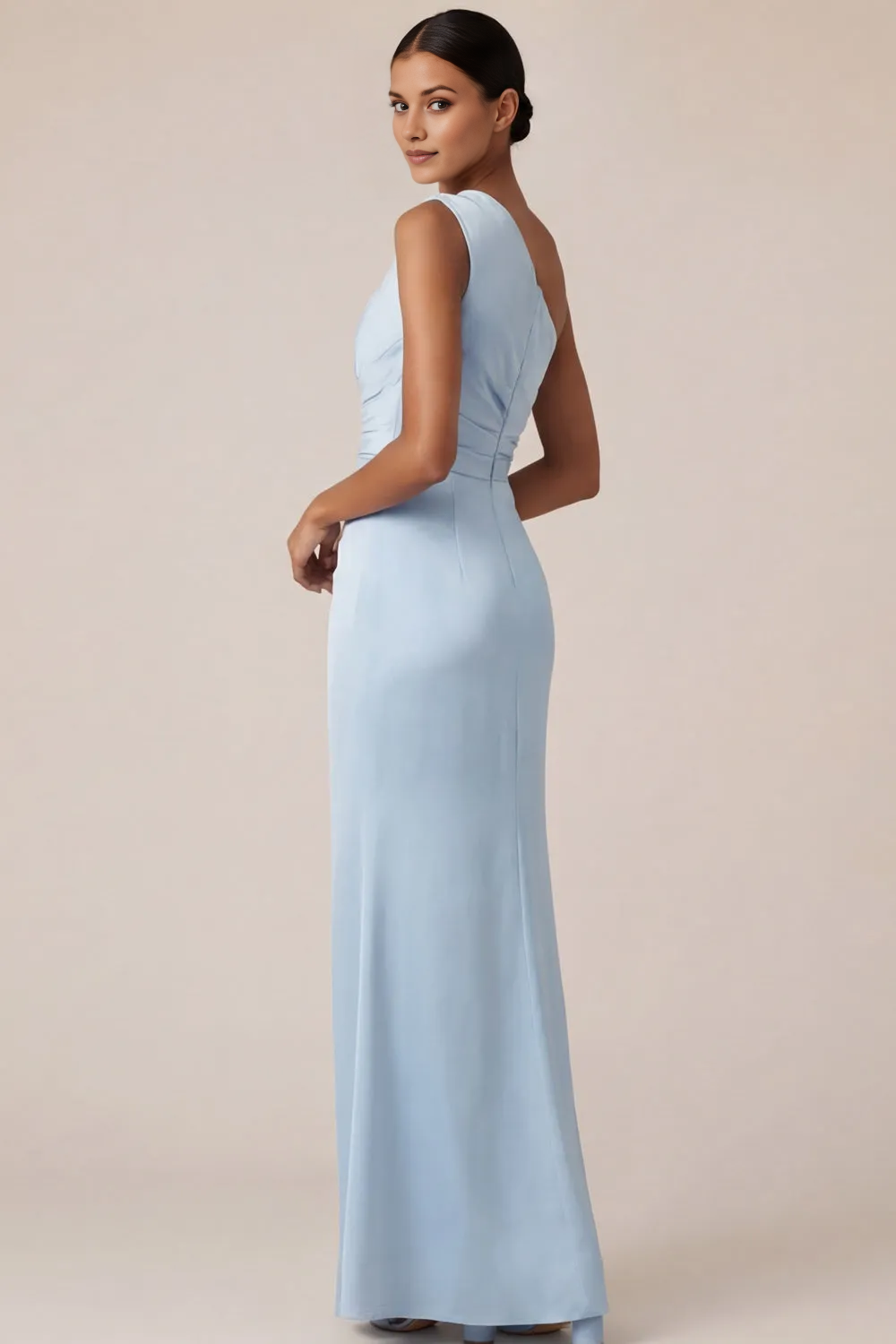 Light Blue One-Shoulder Ruched Satin Mermaid Gown with Draped Sash