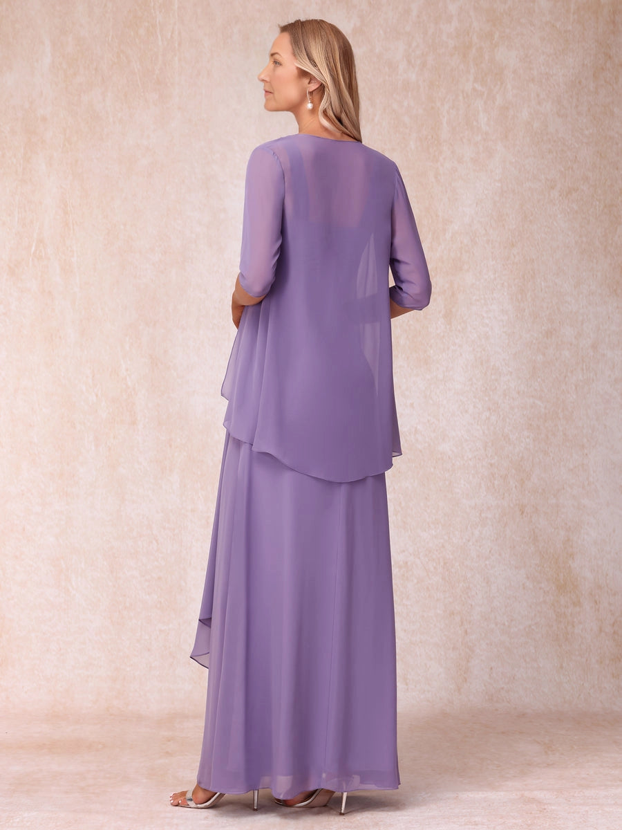 Elegant A Line Square Neck 3/4 Sleeve Open Back Floor Length Mother Of The Bride Dress