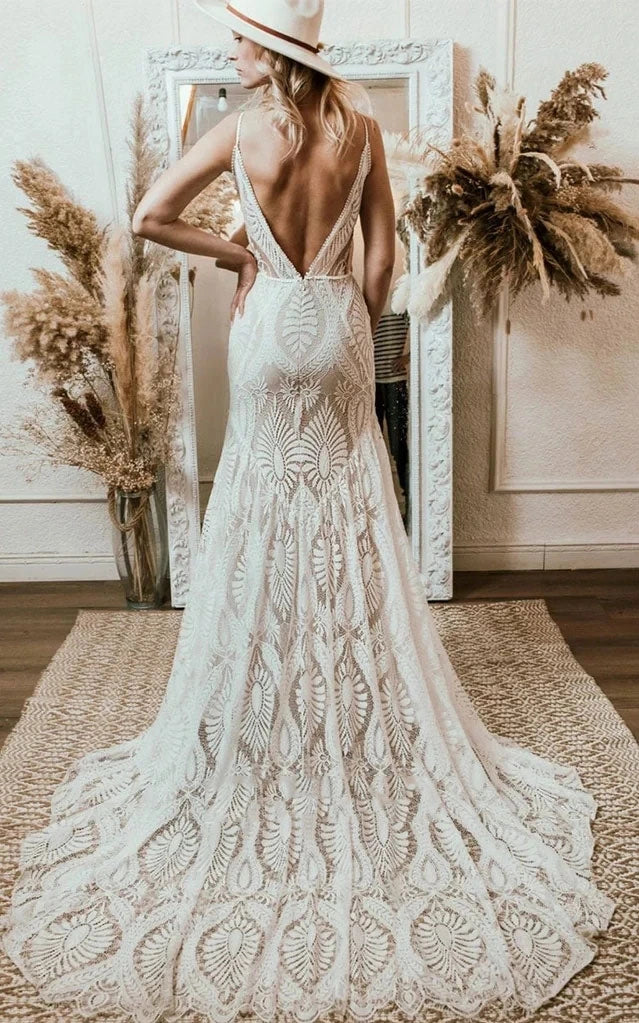 Vedress Boho Palm Lace Deep V-neck Low Open Back Mermaid Beach Wedding Dress